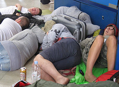 Travelers sleeping in the Zagreb train station